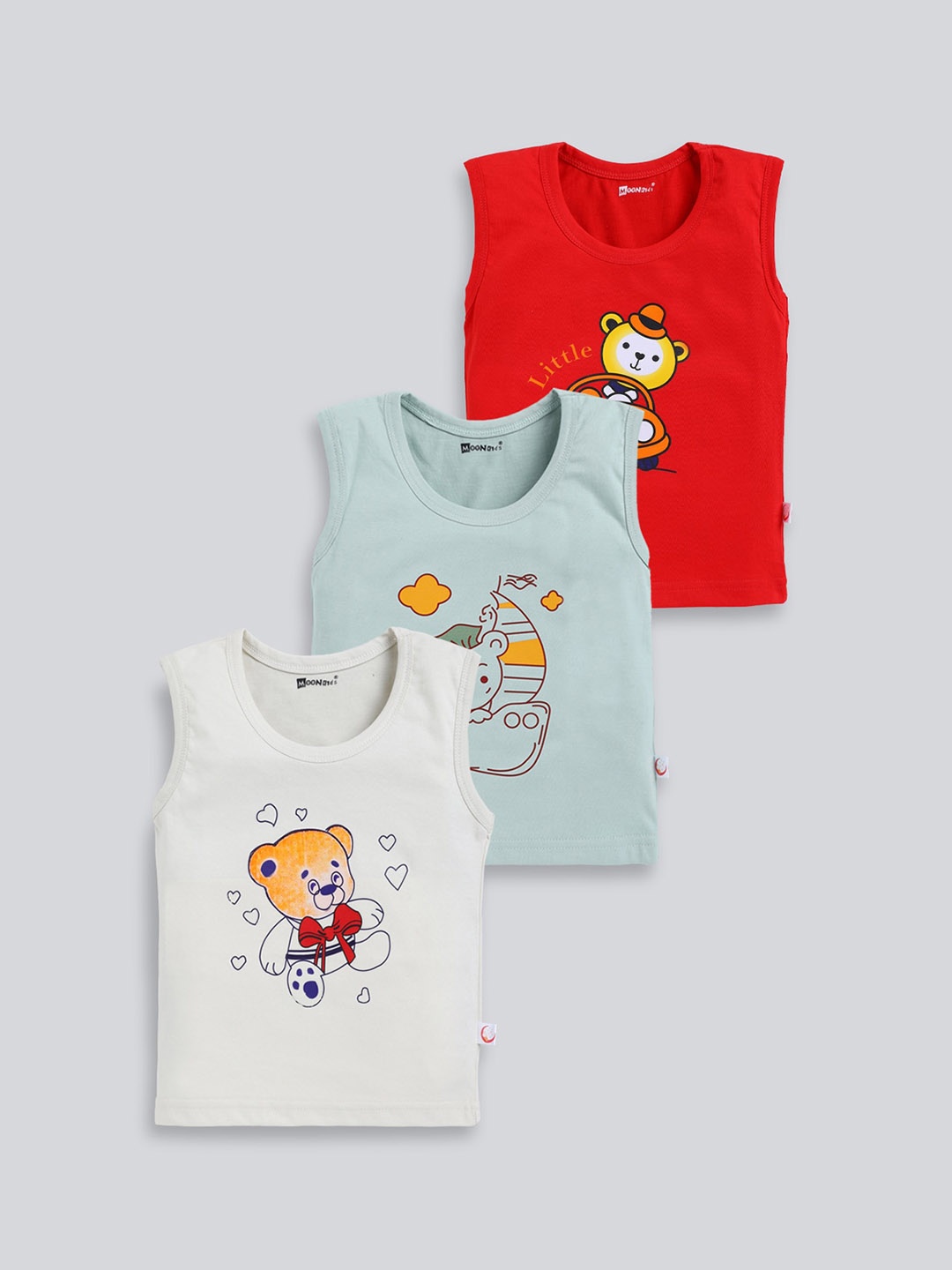 

MooNKids Infants Pack Of 3 Graphic Printed Cotton Basic Vests, Olive