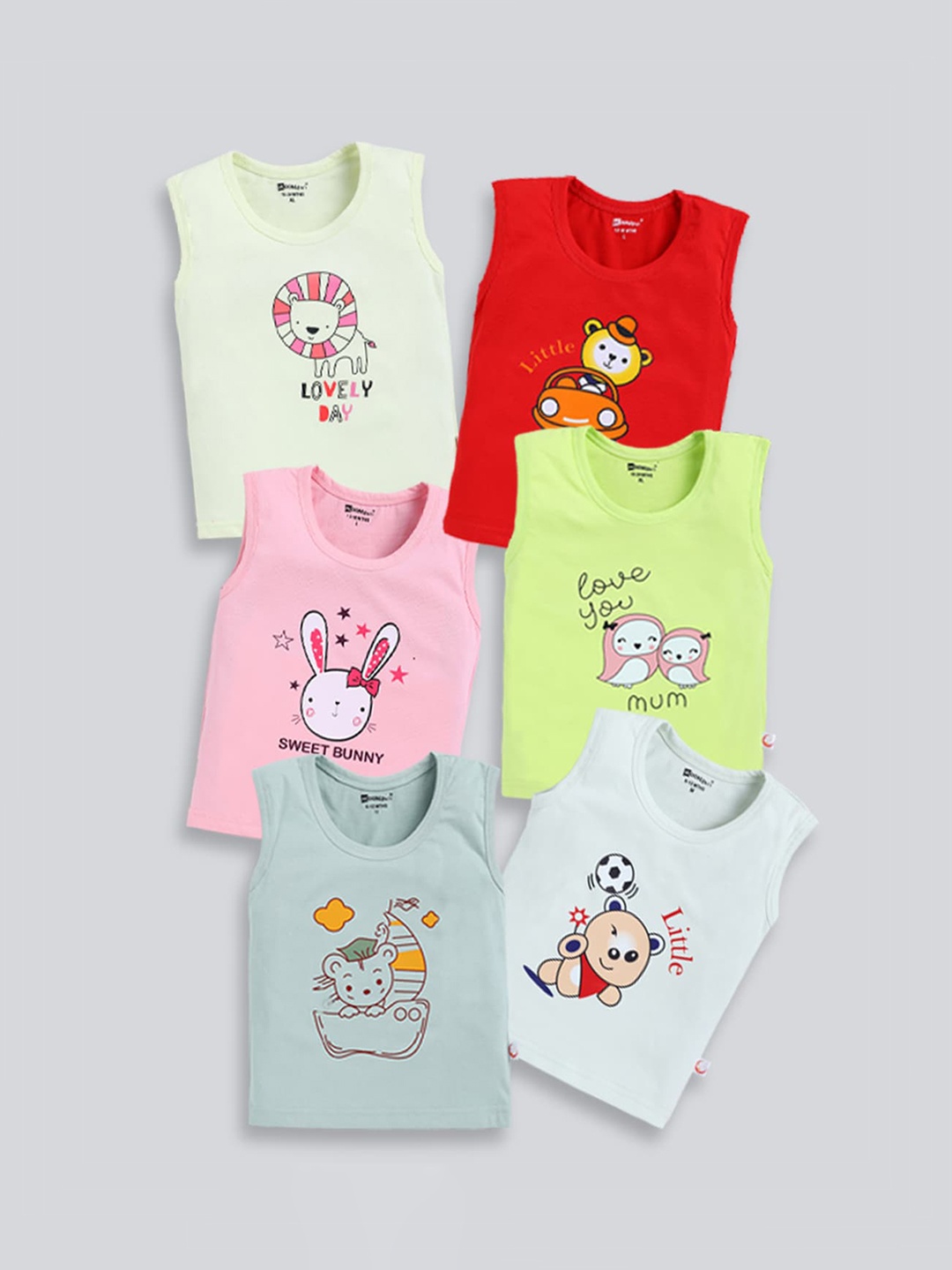 

MooNKids Infants Pack Of 6 Printed Cotton Innerwear Vests, Red