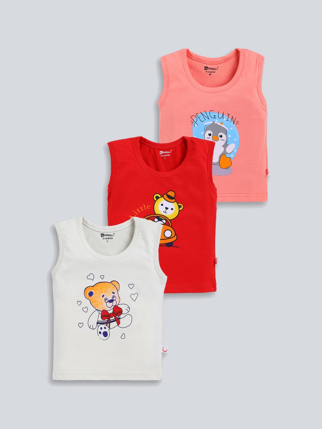 

MooNKids Infants Pack Of 3 Printed Cotton Basic Innerwear Vests, Coral