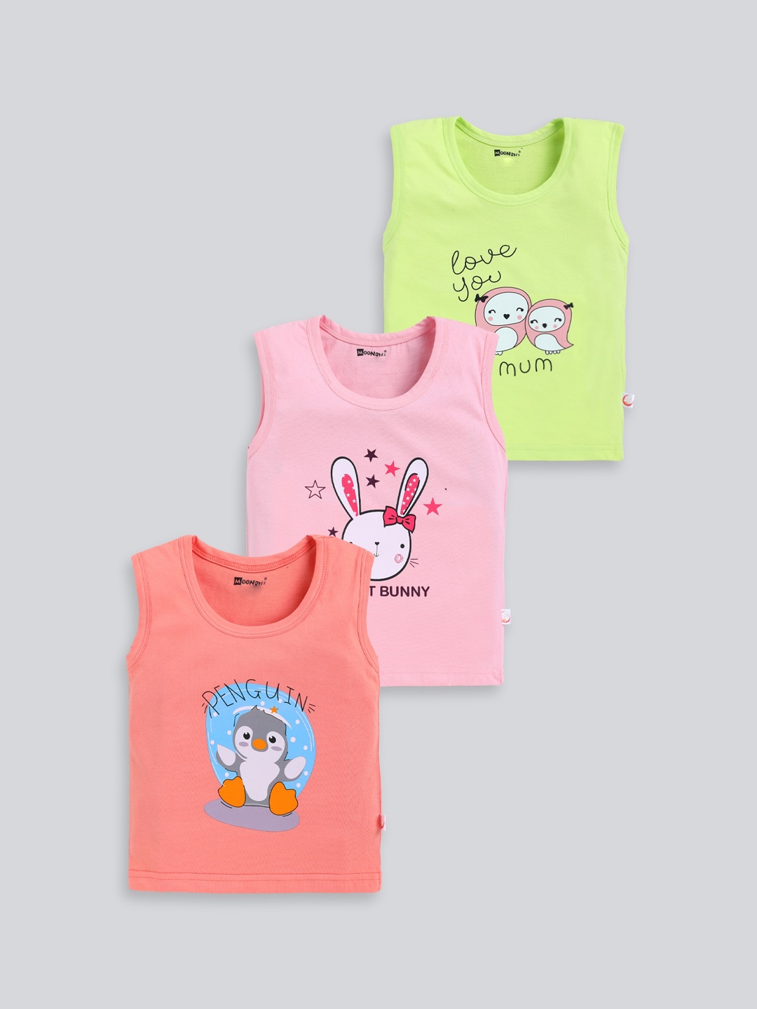 

MooNKids Infant Kids Pack Of 3 Printed Cotton Basic Vests, Green