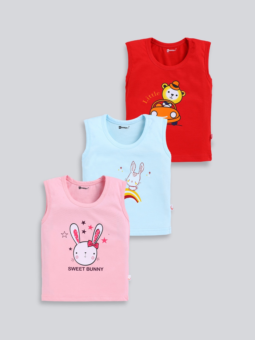 

MooNKids Infants Pack Of 3 Graphic Printed Cotton Basic Vests, Blue