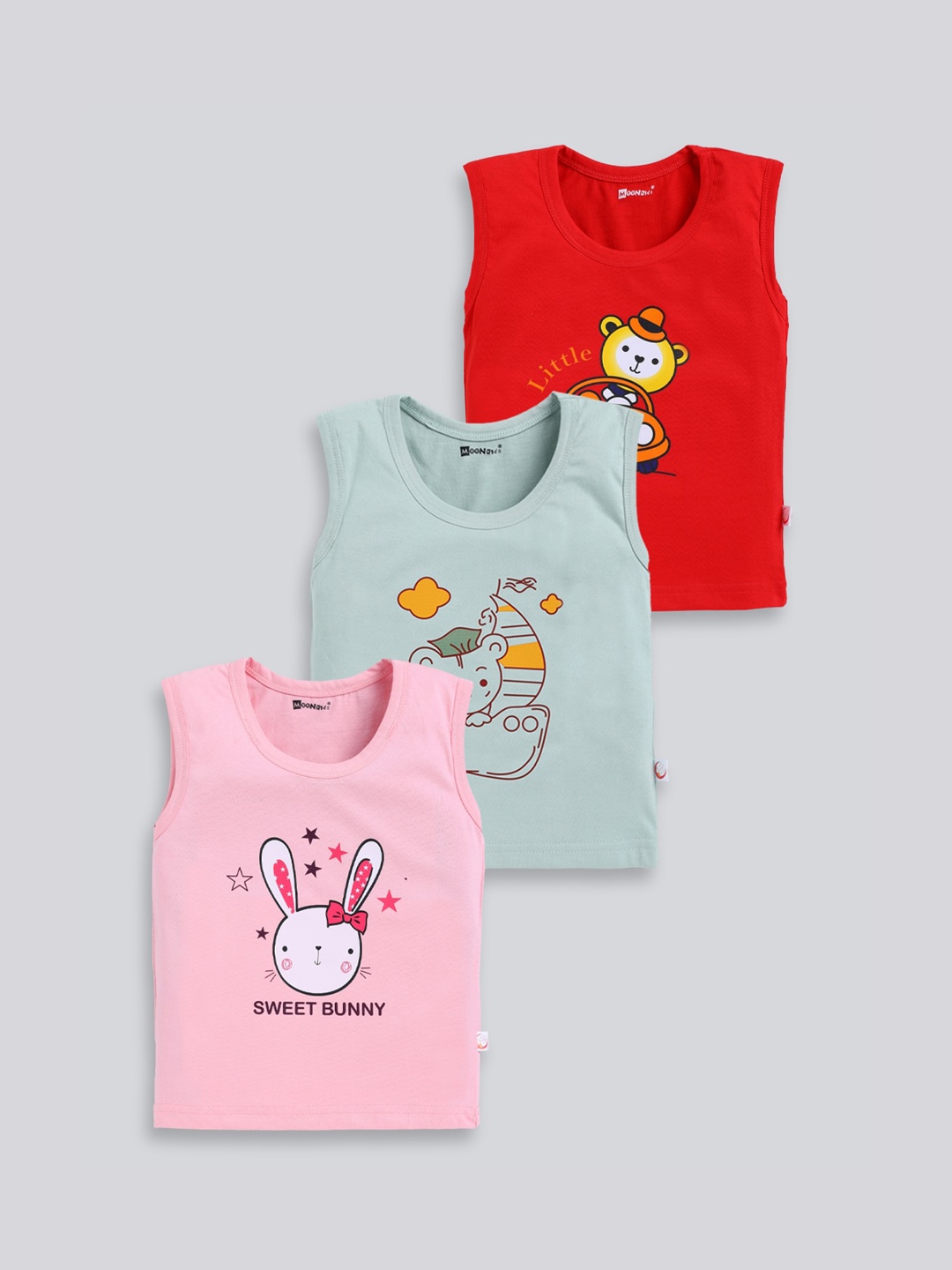 

MooNKids Infants Kids Pack Of 3 Graphic Printed Cotton Basic Vests, Red