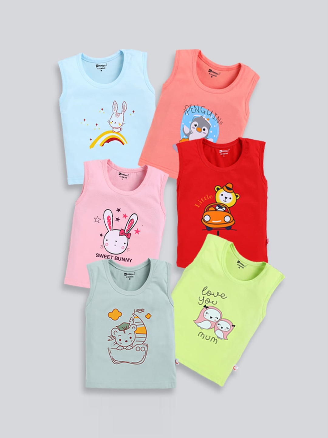 

MooNKids Infants Pack Of 6 Printed Cotton Basic Innerwear Vests, Coral