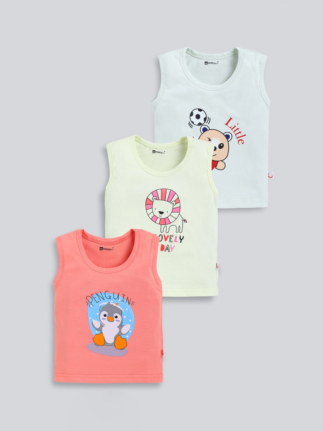 

MooNKids Infants Pack Of 3 Graphic Printed Cotton Basic Vests, Coral