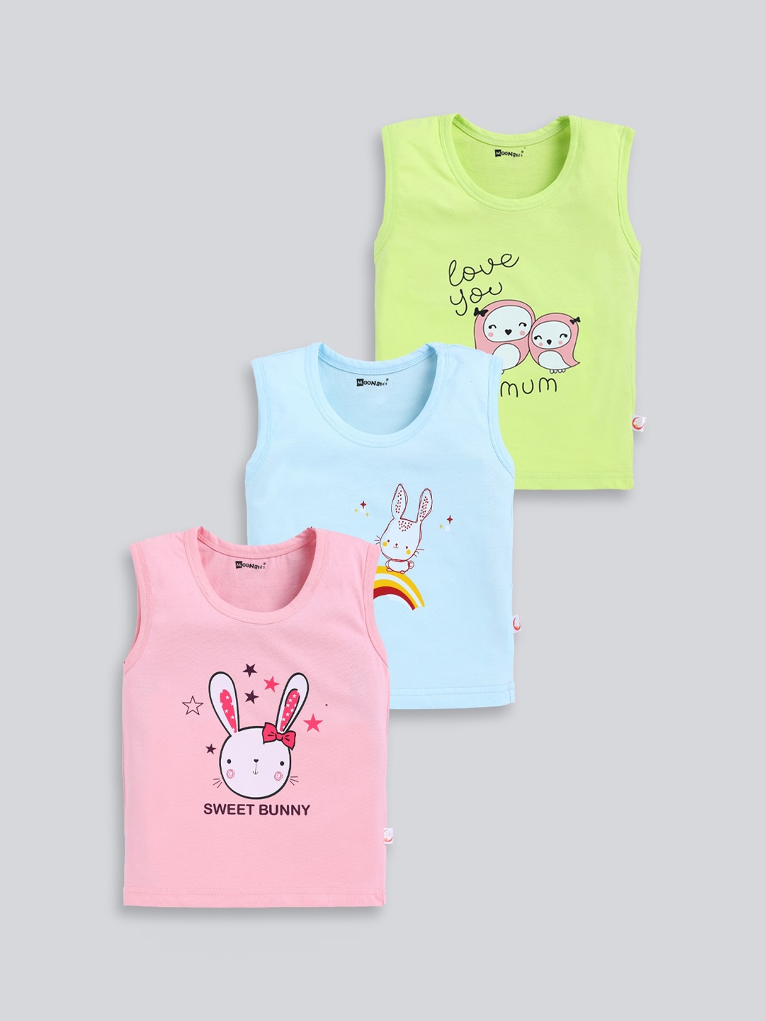 

MooNKids Infant Kids Pack Of 3 Printed Cotton Basic Vests, Blue
