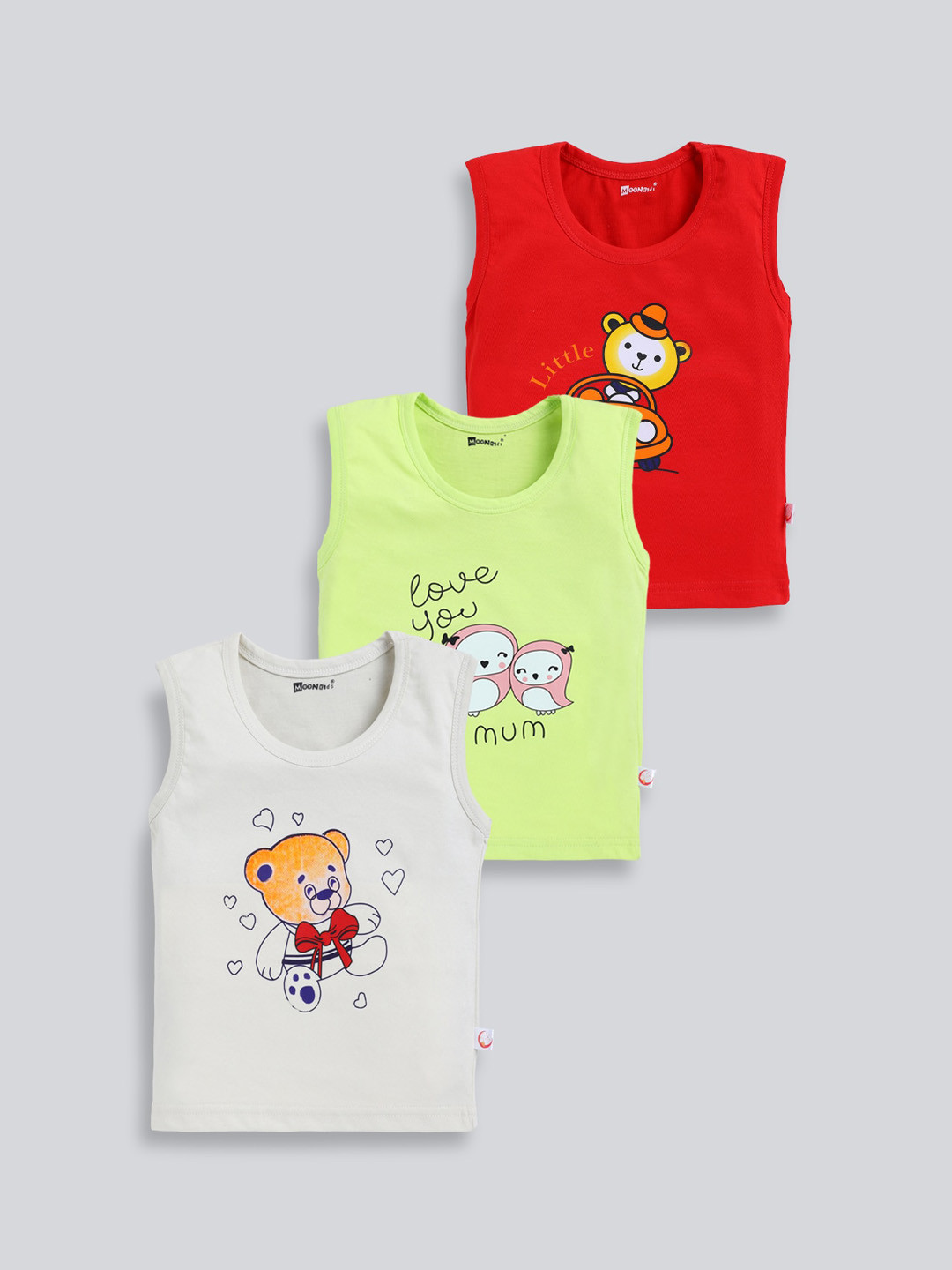 

MooNKids Infants Pack Of 3 Graphic Printed Cotton Basic Vests, Green