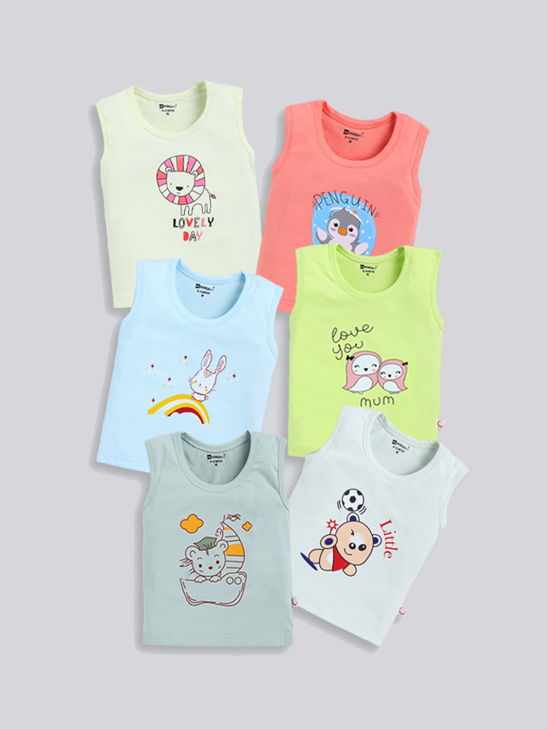

MooNKids Infants Pack Of 6 Printed Cotton Innerwear Vests, Blue