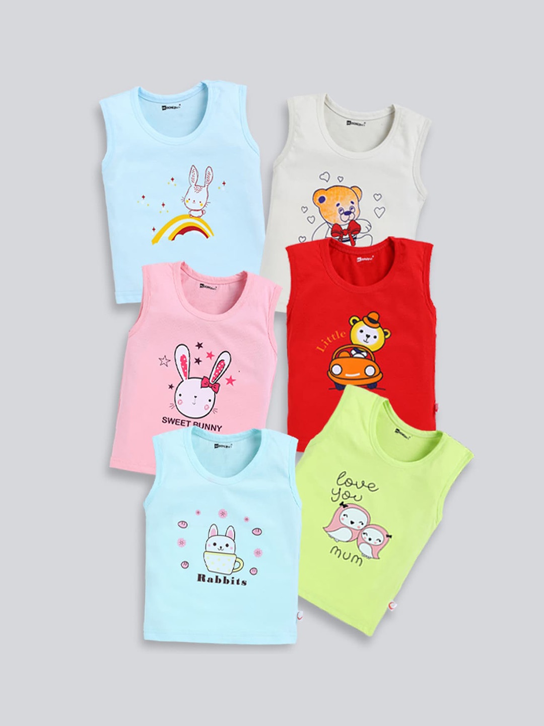 

MooNKids Infants Kids Pack Of 6 Graphic Printed Cotton Basic Vests, Red