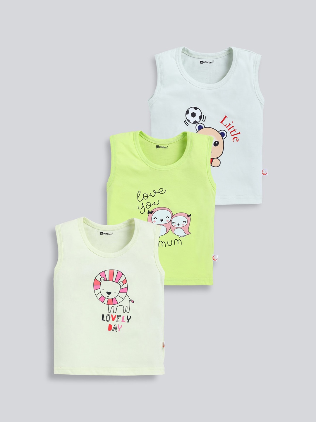 

MooNKids Infants Kids Pack Of 3 Graphic Printed Cotton Basic Vests, Blue