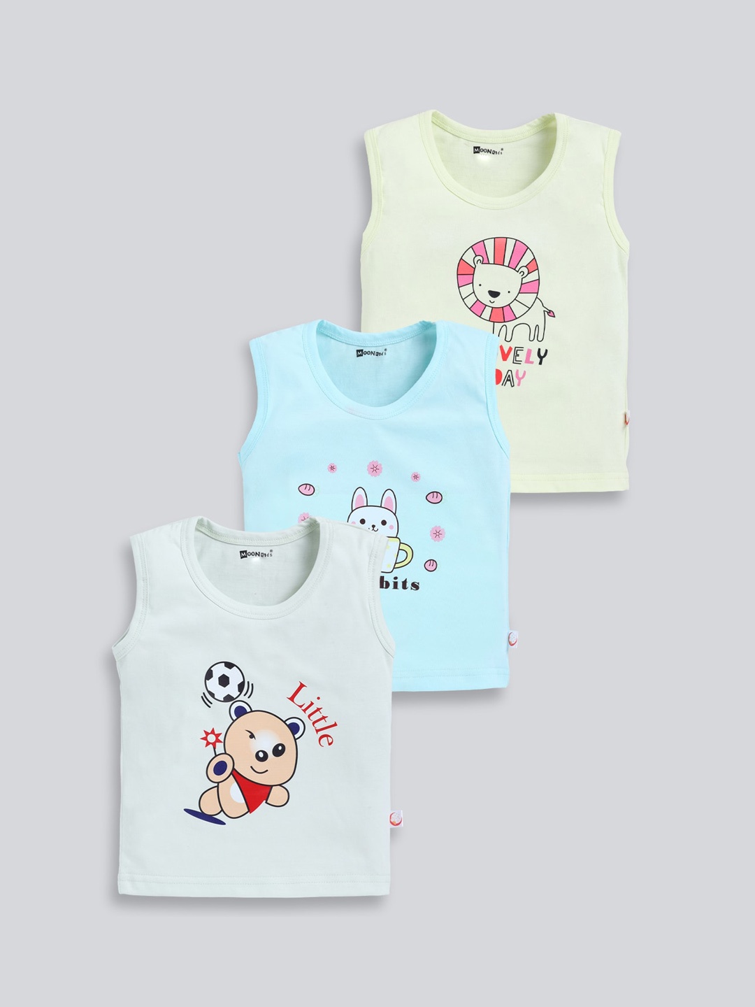 

MooNKids Infant Kids Pack Of 3 Printed Cotton Basic Vests, Blue