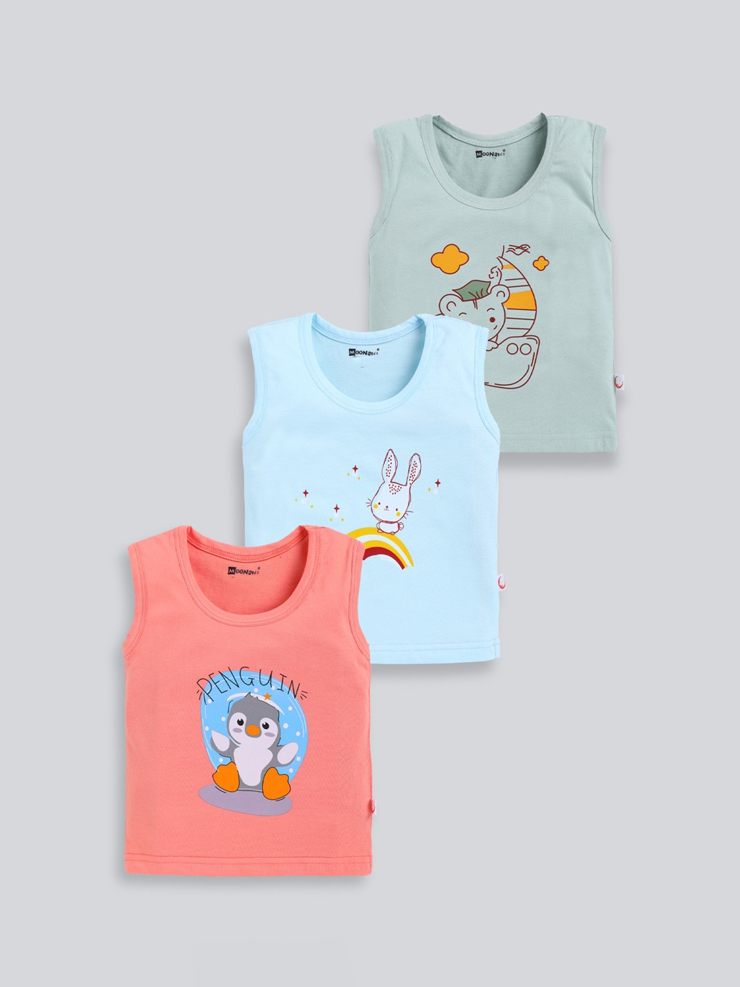 

MooNKids Infants Pack Of 3 Printed Cotton Innerwear Vests, Blue