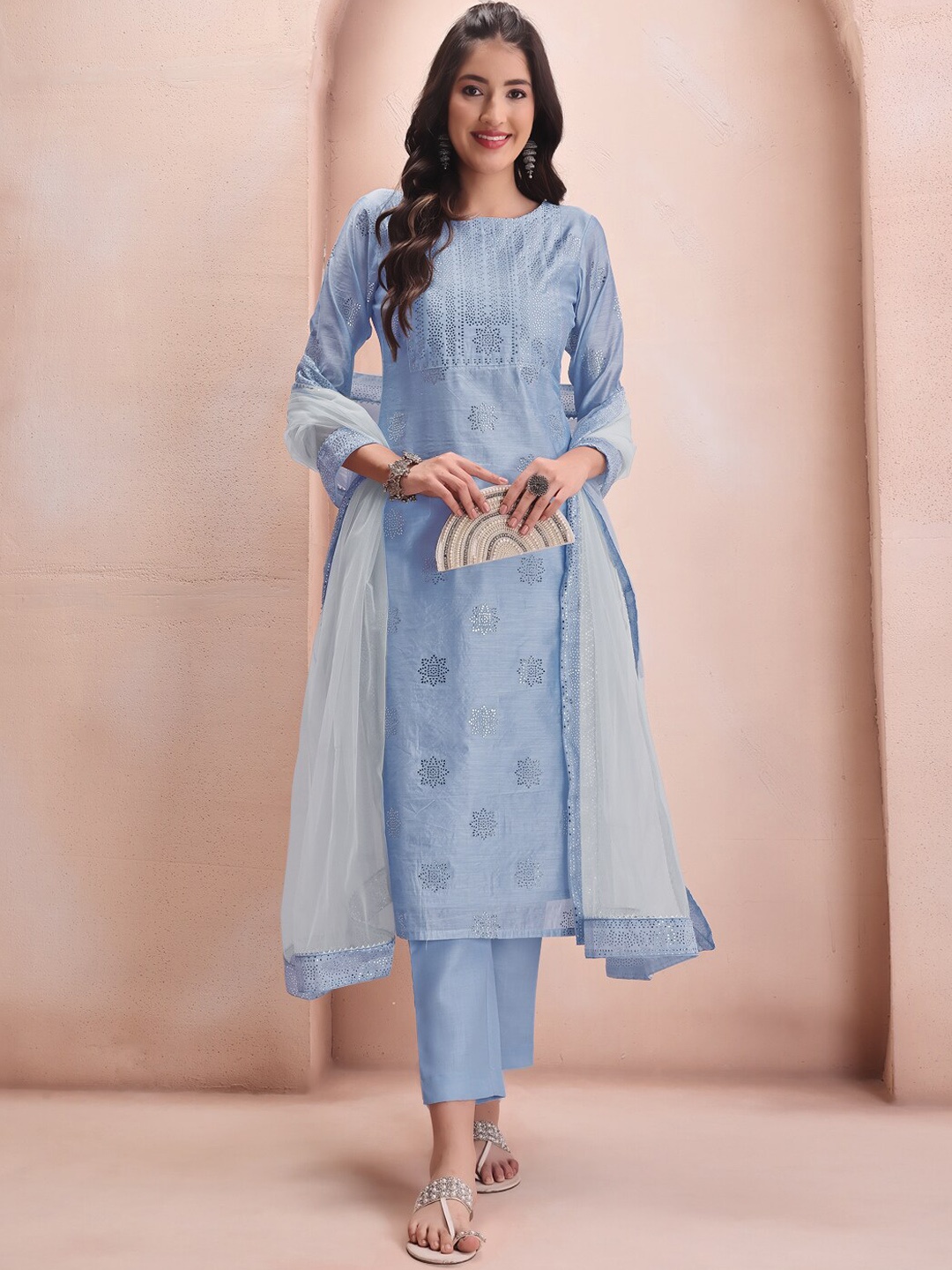 

Inddus Blue Floral Embroidered Mukaish Chanderi Cotton Kurta With Trousers & Dupatta