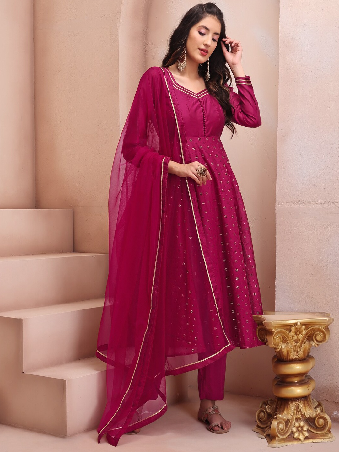 

Inddus Magenta Floral Embroidered Mukaish Chanderi Cotton Kurta With Trousers & Dupatta