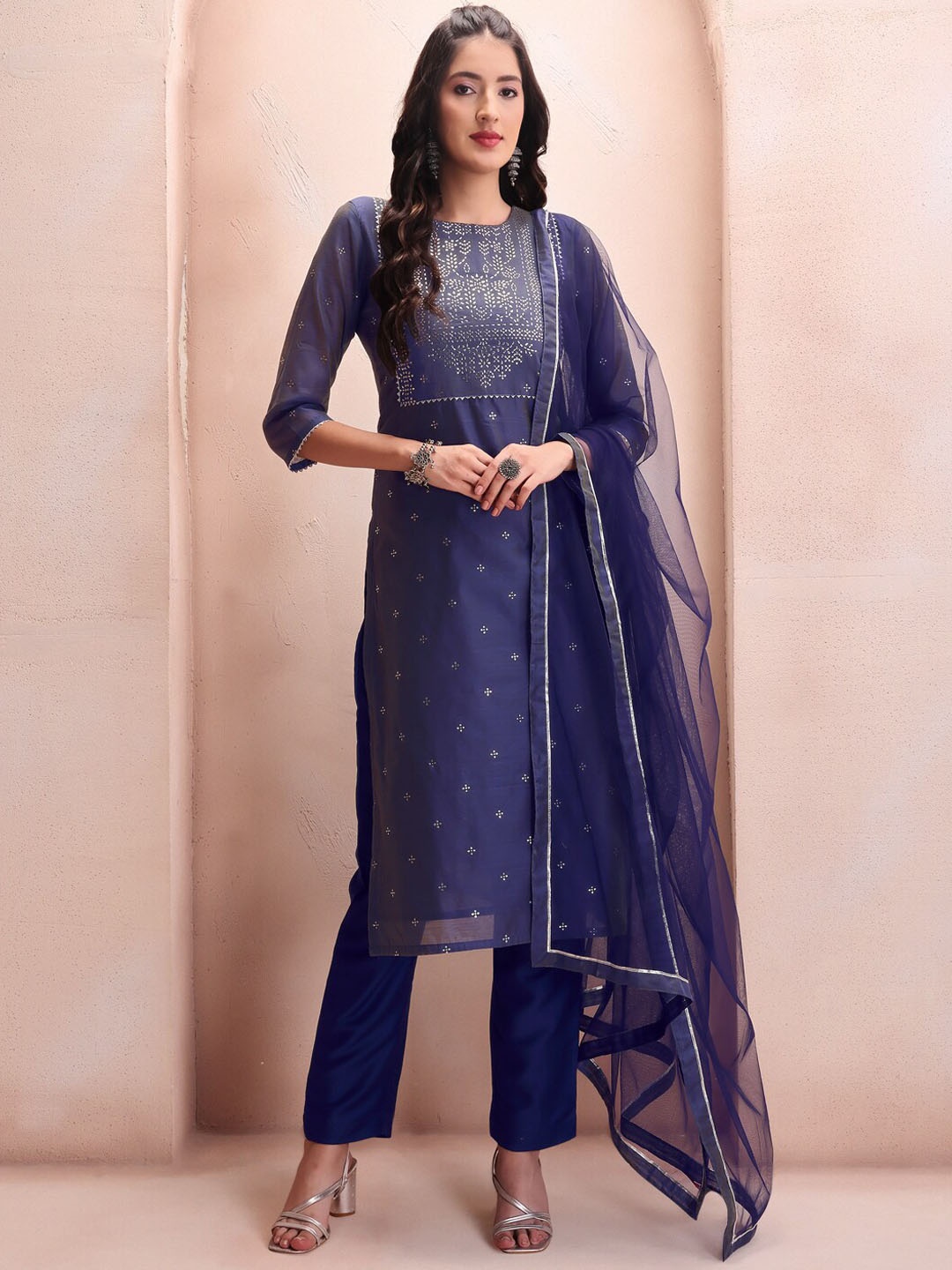 

Inddus Blue Floral Embroidered Mukaish Chanderi Cotton Kurta With Trousers & Dupatta