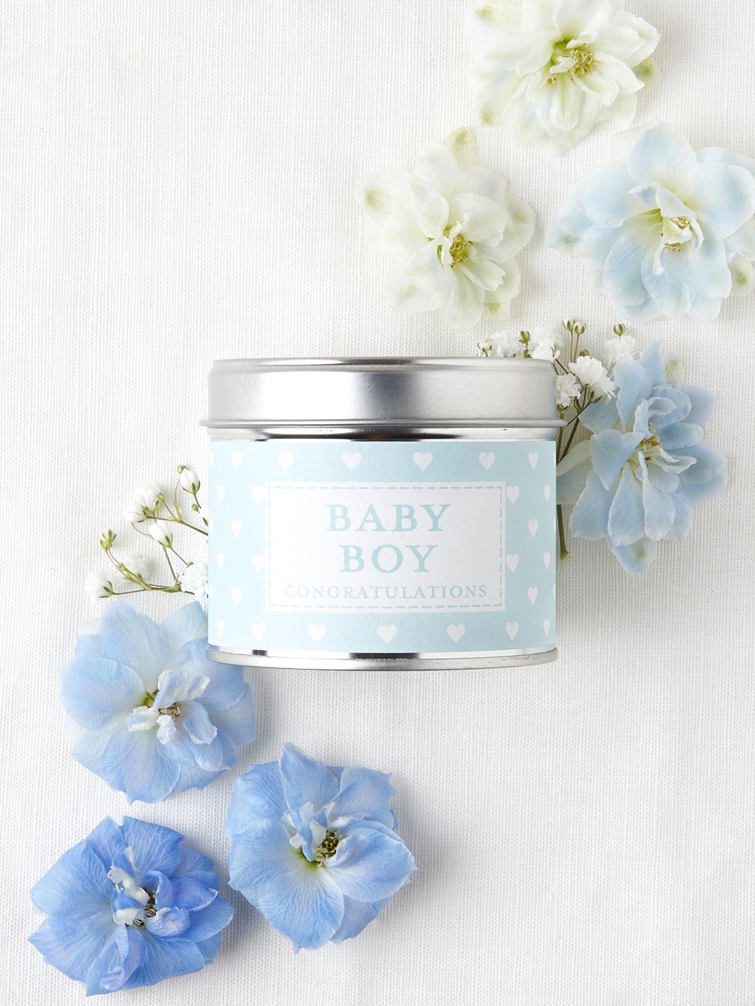 

Aromatic Fables Baby Boy Wishes Blue & White Printed Scented Tin Jar Candles