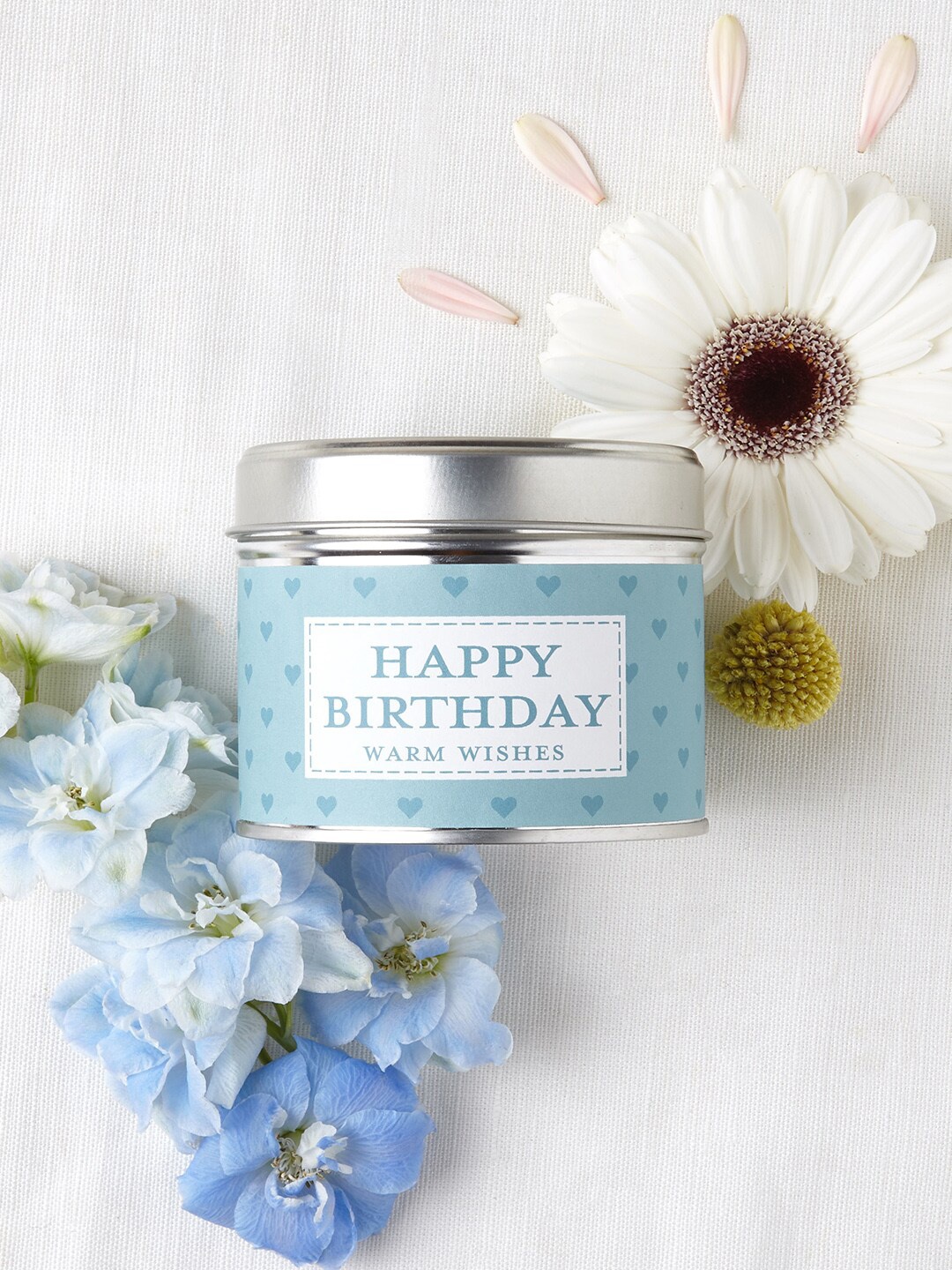 

Aromatic Fables Blue & White Birthday Wishes Printed Scented Tin Jar Candle