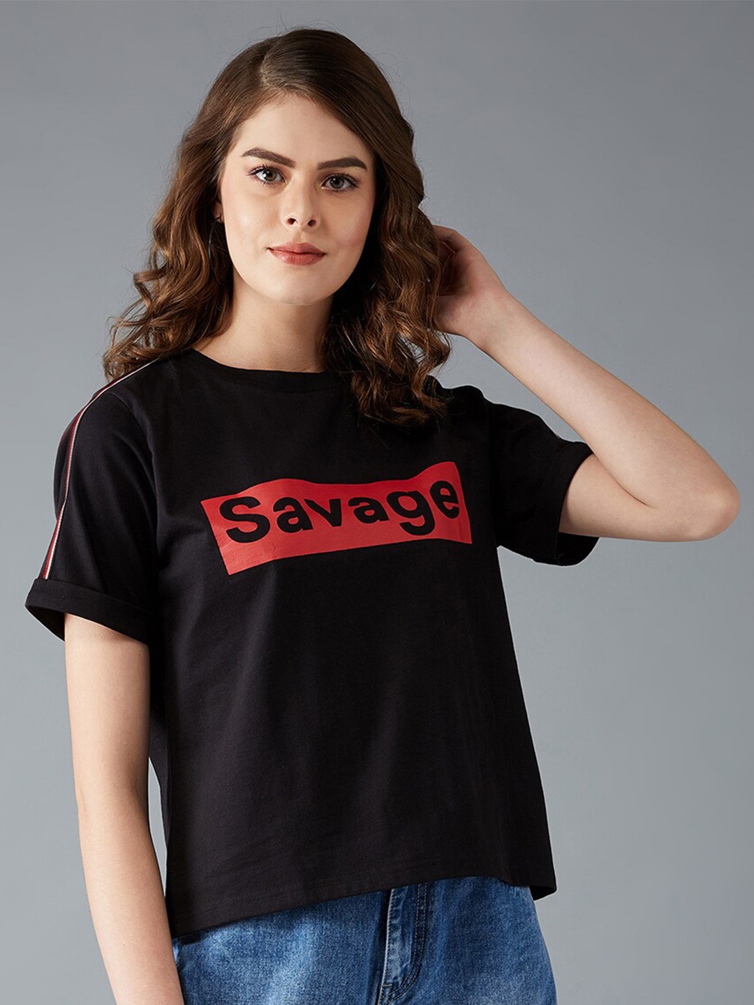 

Miss Chase Black Typography Printed Pure Cotton T-shirt