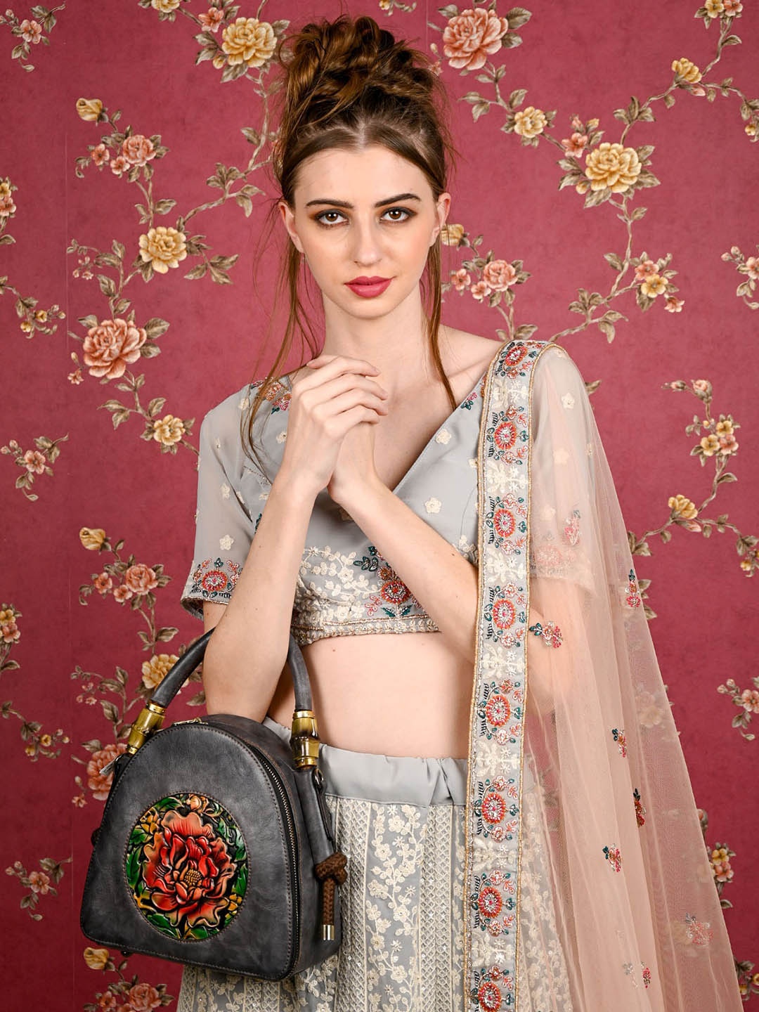 

ODETTE Floral Self Design Half Moon Handheld Bag, Grey