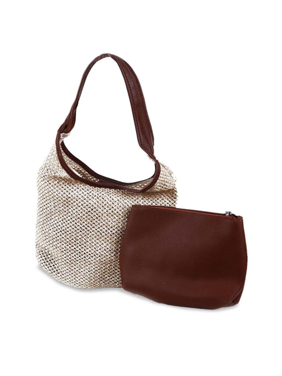 

ODETTE Textured Oversized Bucket Shoulder Bag with Pouch, Off white