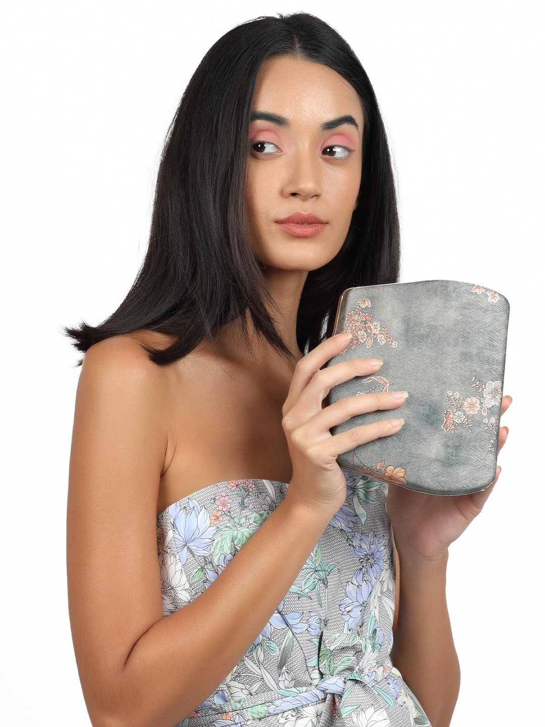

ODETTE Floral Printed Leather Box Clutch, Grey
