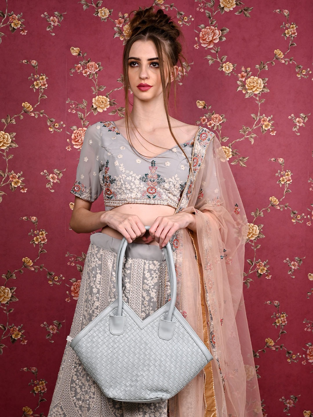 

ODETTE Textured PU Oversized Structured Handheld Bag With Cut Work, Grey
