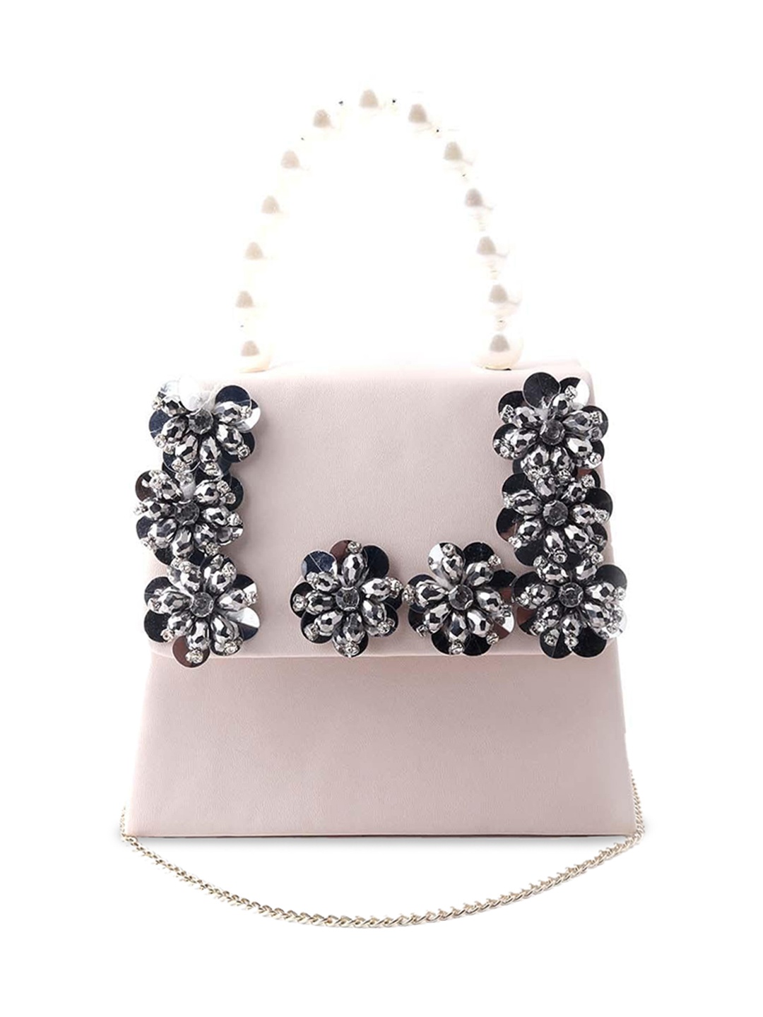 

ODETTE Floral Embellished Oversized Leather Structured Handheld Bag, Pink