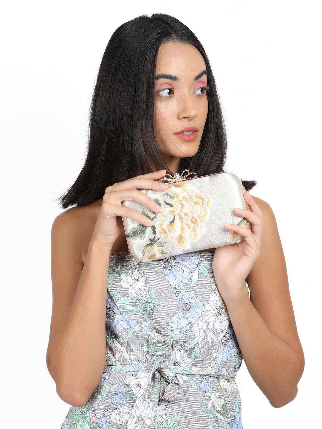 

ODETTE Floral Embroidered Box Clutch, Silver