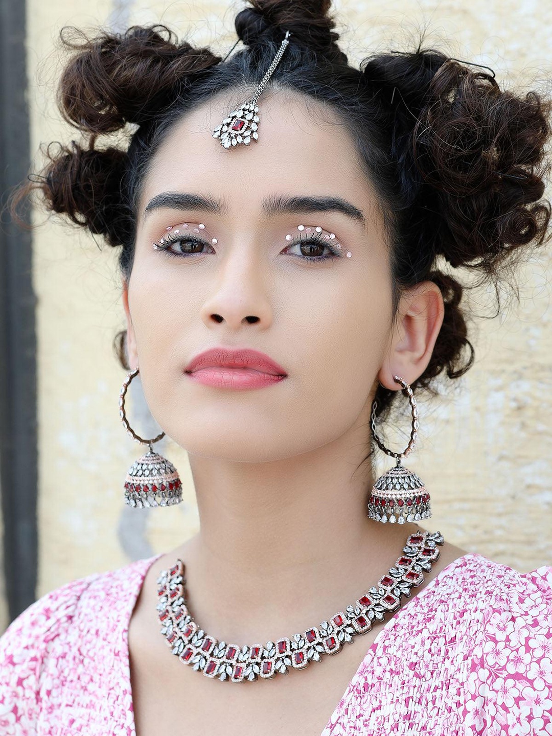

ODETTE Silver-Plated Necklace & Earrings with Maang Tika Set, Red