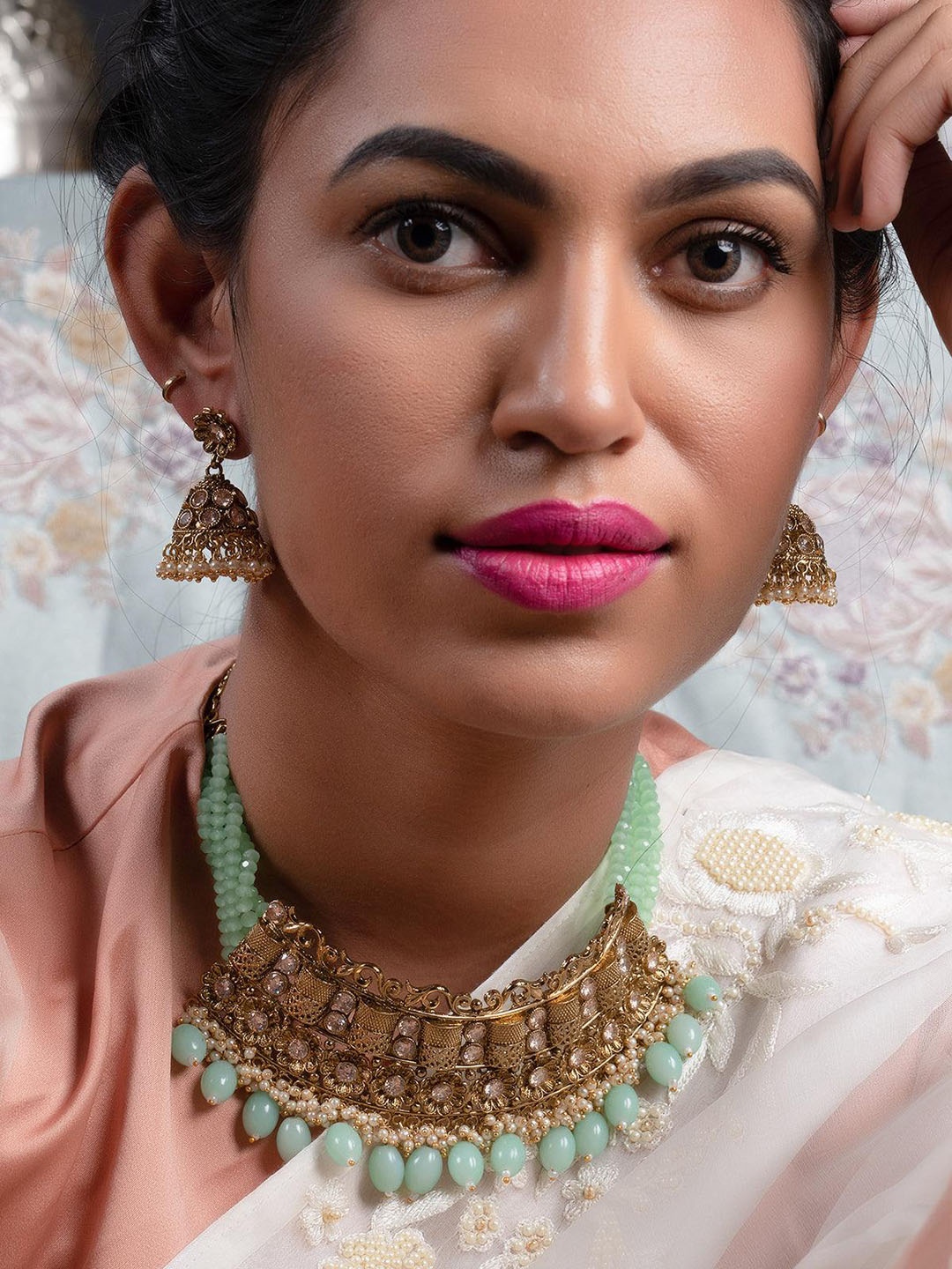 

ODETTE Gold-Plated Stones Studded Necklace Set, Sea green