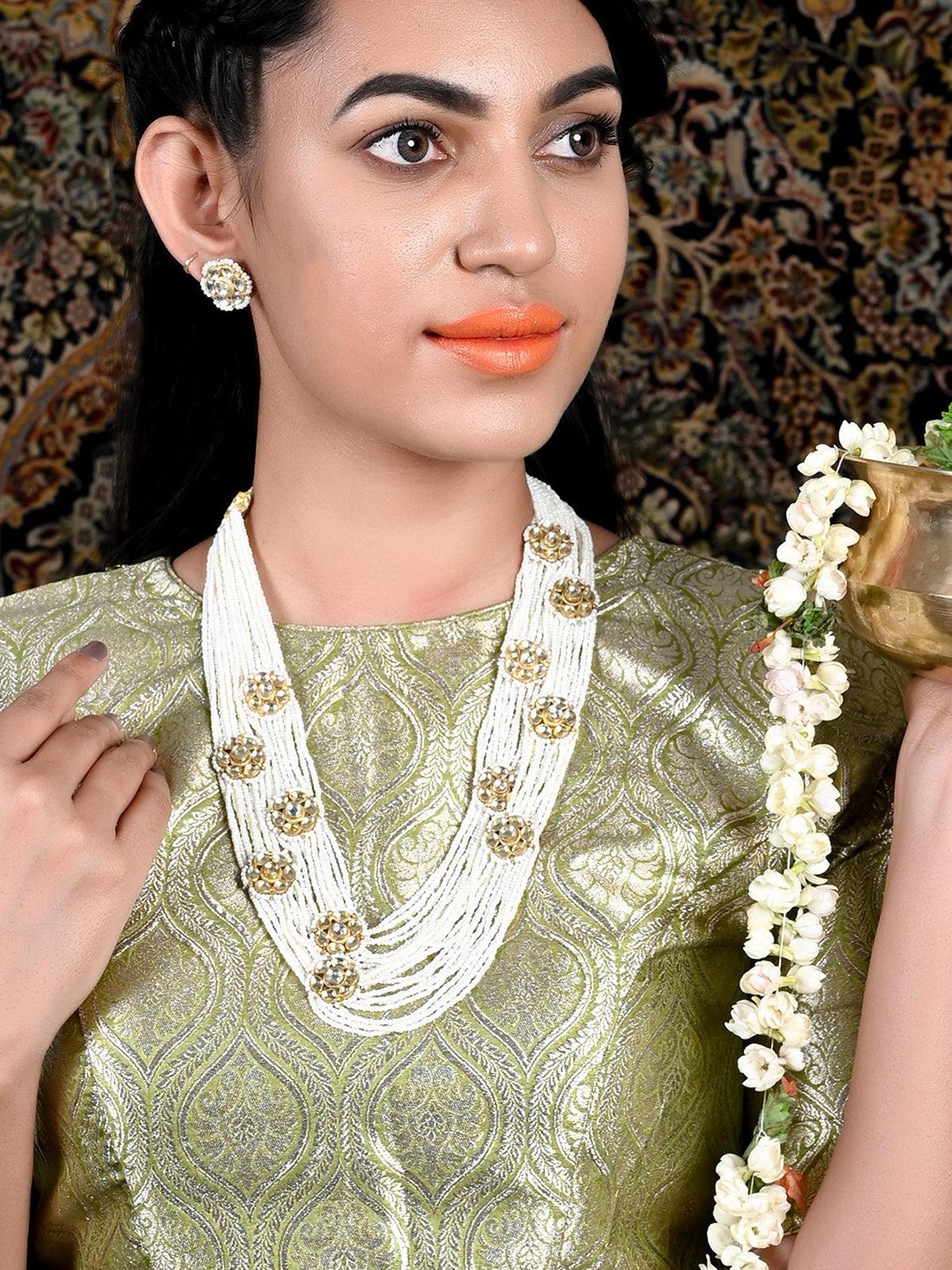 

ODETTE Gold-Plated Pearl & Kundan Studded Jewellery Set