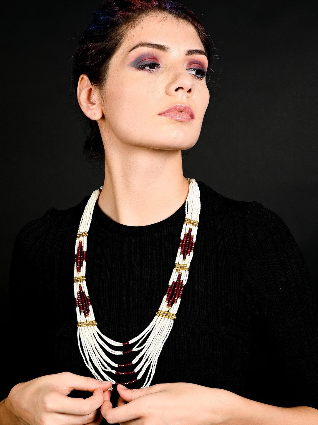 

ODETTE Gold-Plated Artificial Stones & Beads Studded Layered Necklace, Maroon