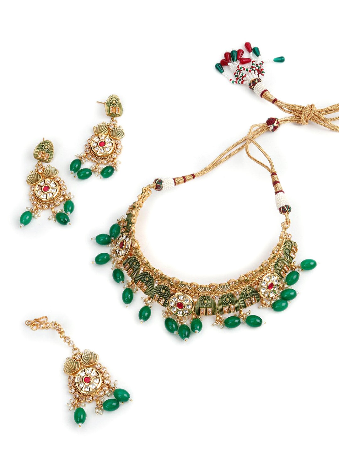 

ODETTE Gold-Plated Kundan Stone Studded & Beaded Alloy Choker Necklace Jewellery Set, Green