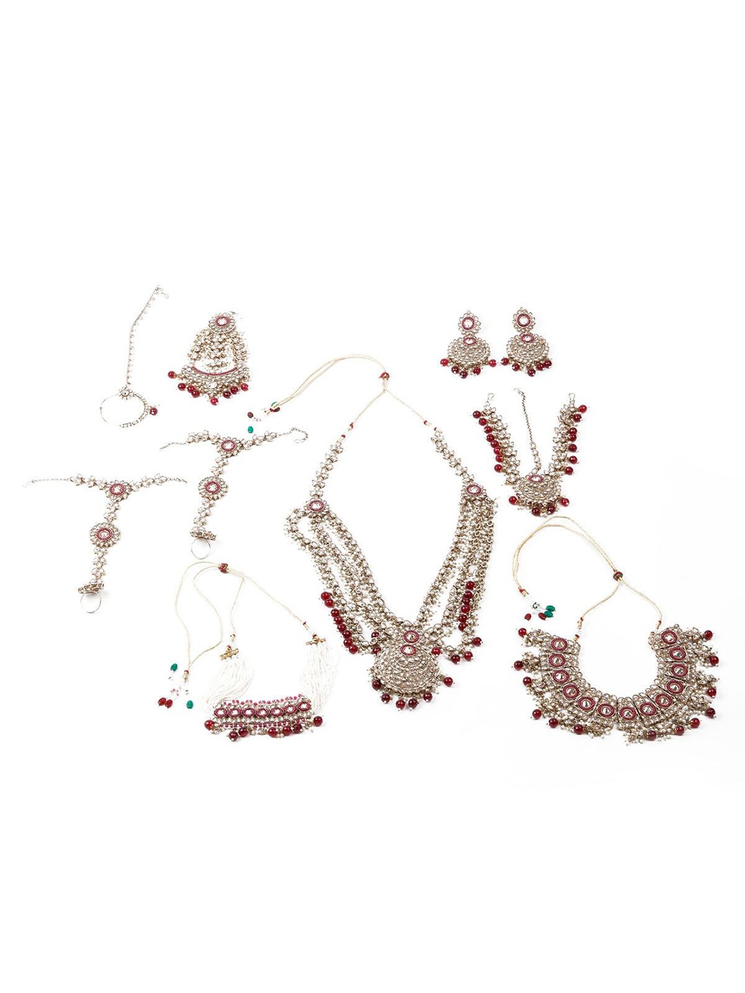 

ODETTE Silver-Plated Kundan Studded Jewellery Set, Red