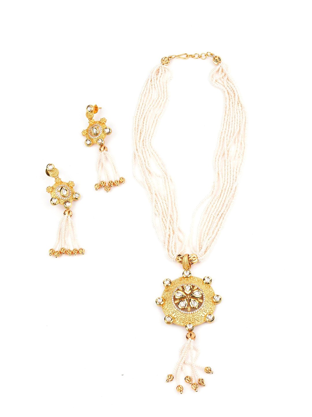 

ODETTE Gold-Plated Kundan & Artificial Beads Studded Jewellery Set, White