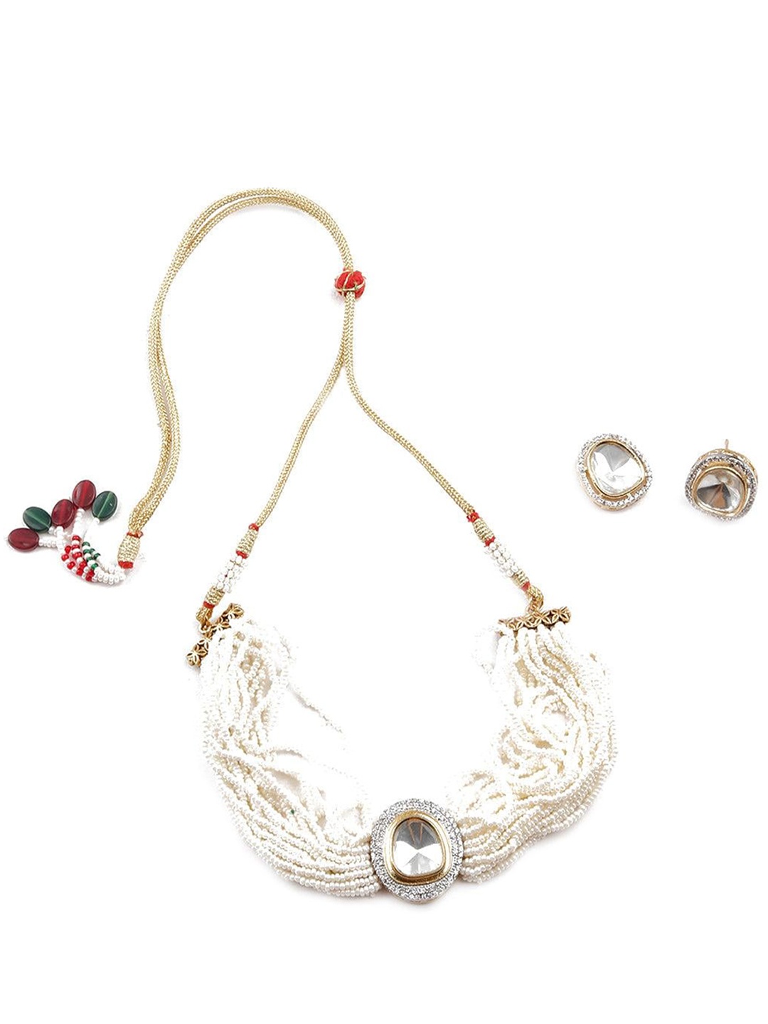 

ODETTE Gold-Plated Stone Studded & Beaded Necklace With Earrings