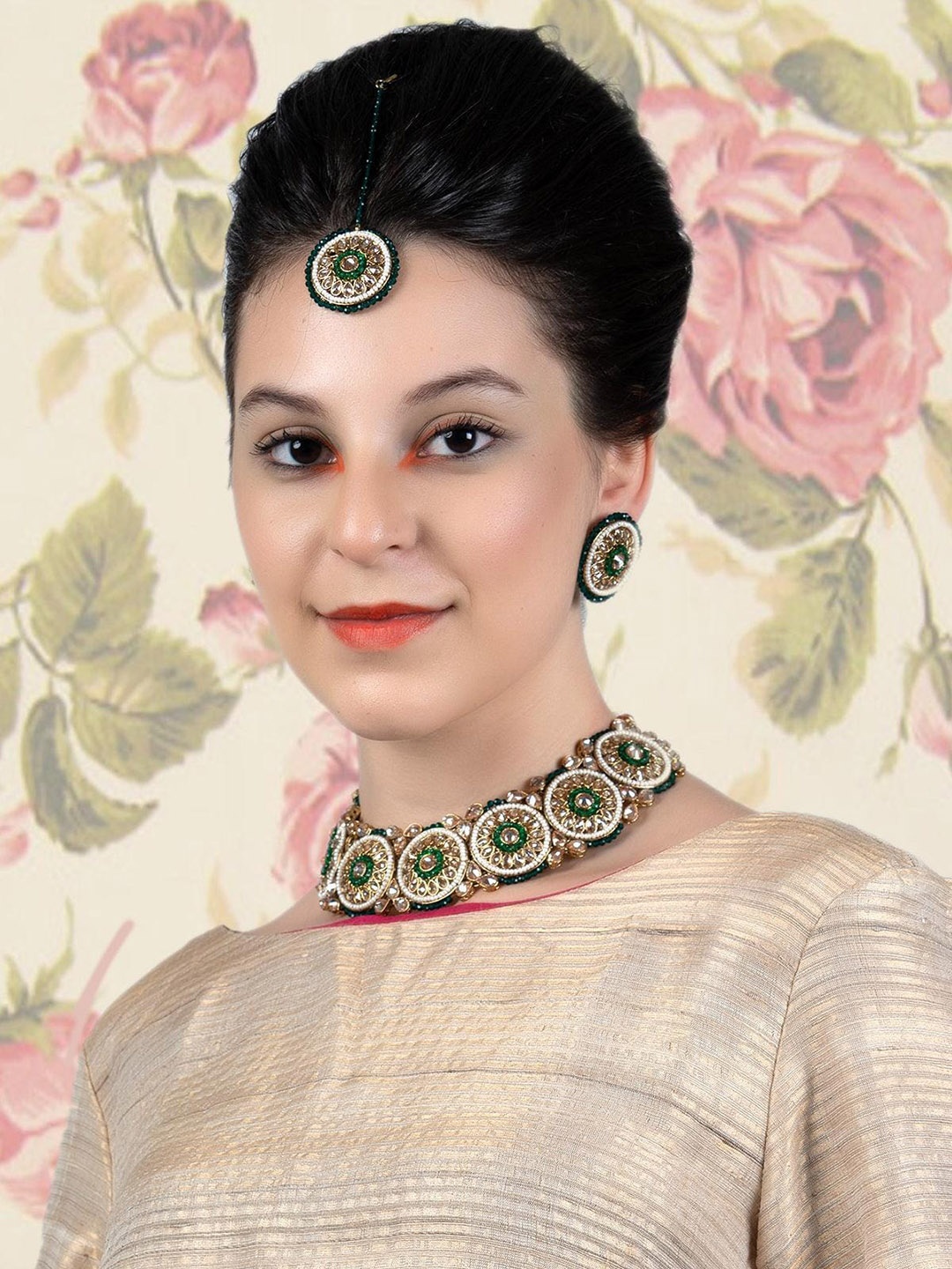 

ODETTE Gold-Plated Stones Studded & Beaded Choker Necklace With Earrings & Maang Tika