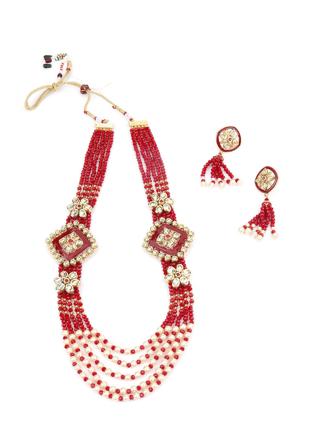

ODETTE Gold-Plated Beads Studded Layered Necklace With Earrings Set, Red