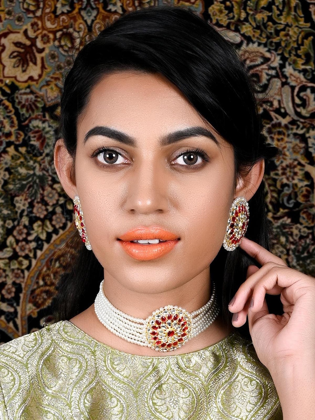 

ODETTE Gold-Plated Kundan Pearl Choker Necklace & Earrings Set