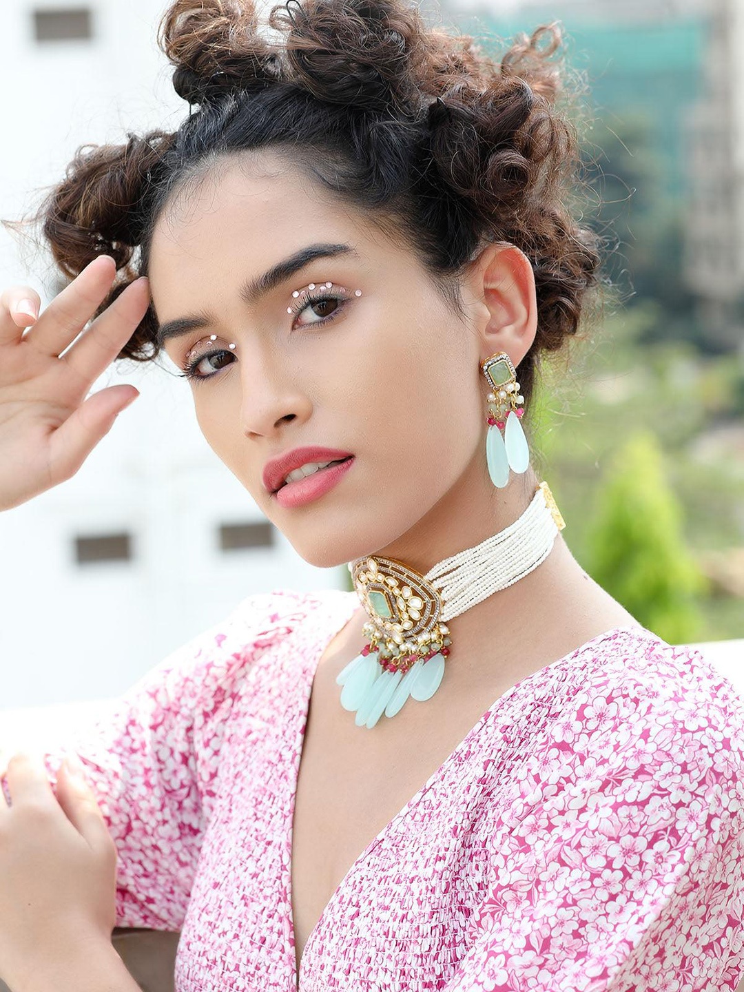 

ODETTE Gold-Plated Stone Studded & Beaded Layered Jewellery Set, Green