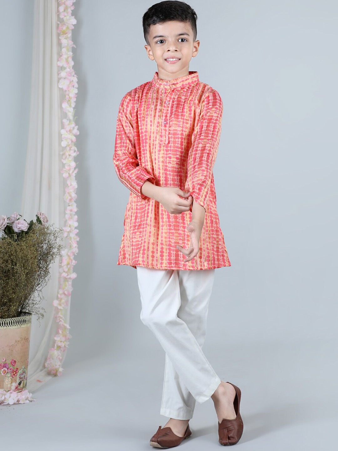 

Cutiekins Boys Peach Dyed Regular Mandarin Collar Kurta With Pyjamas