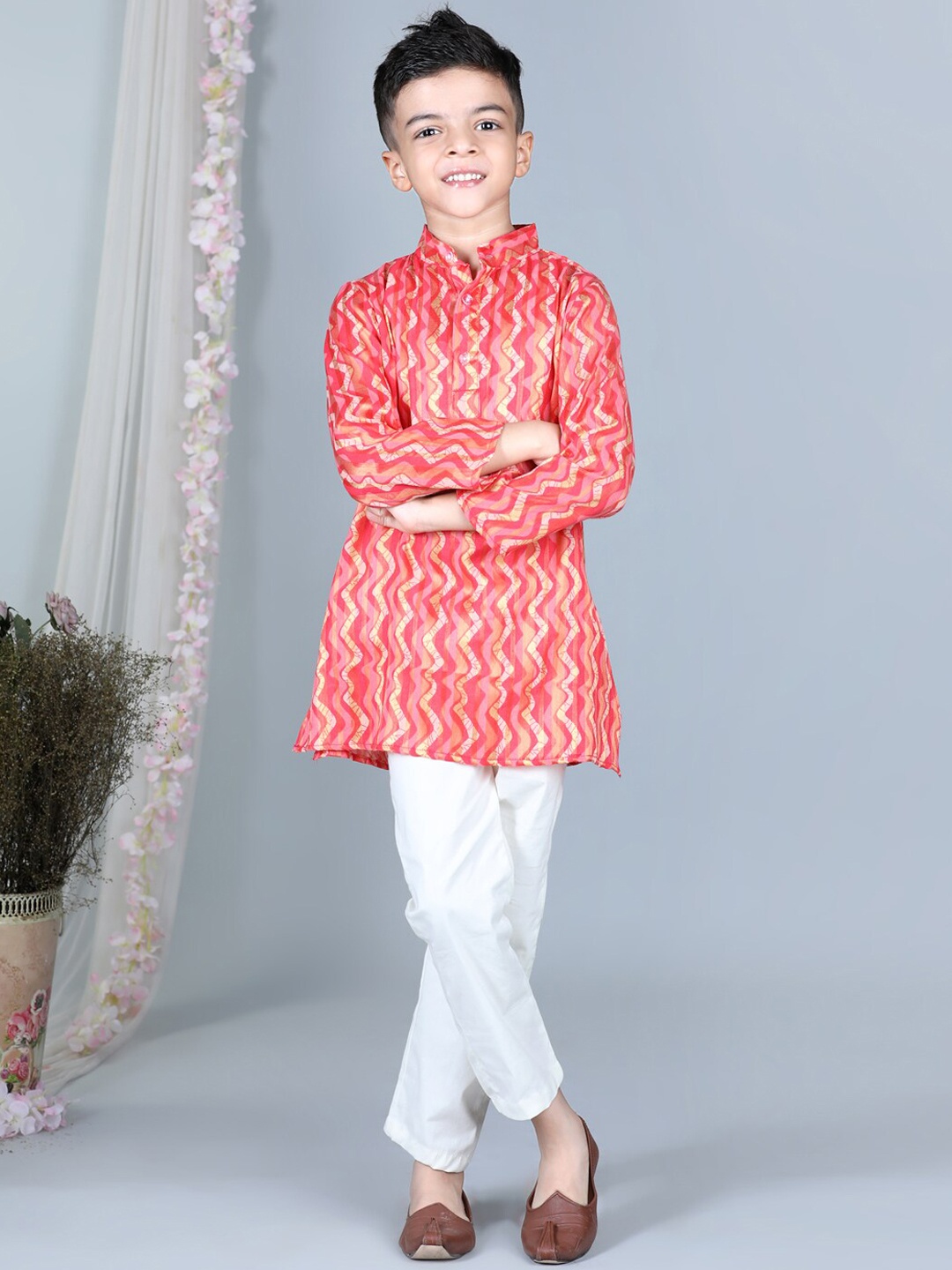 

Cutiekins Boys Chevron Printed Mandarin Collar Regular Kurta With Pyjamas, Peach