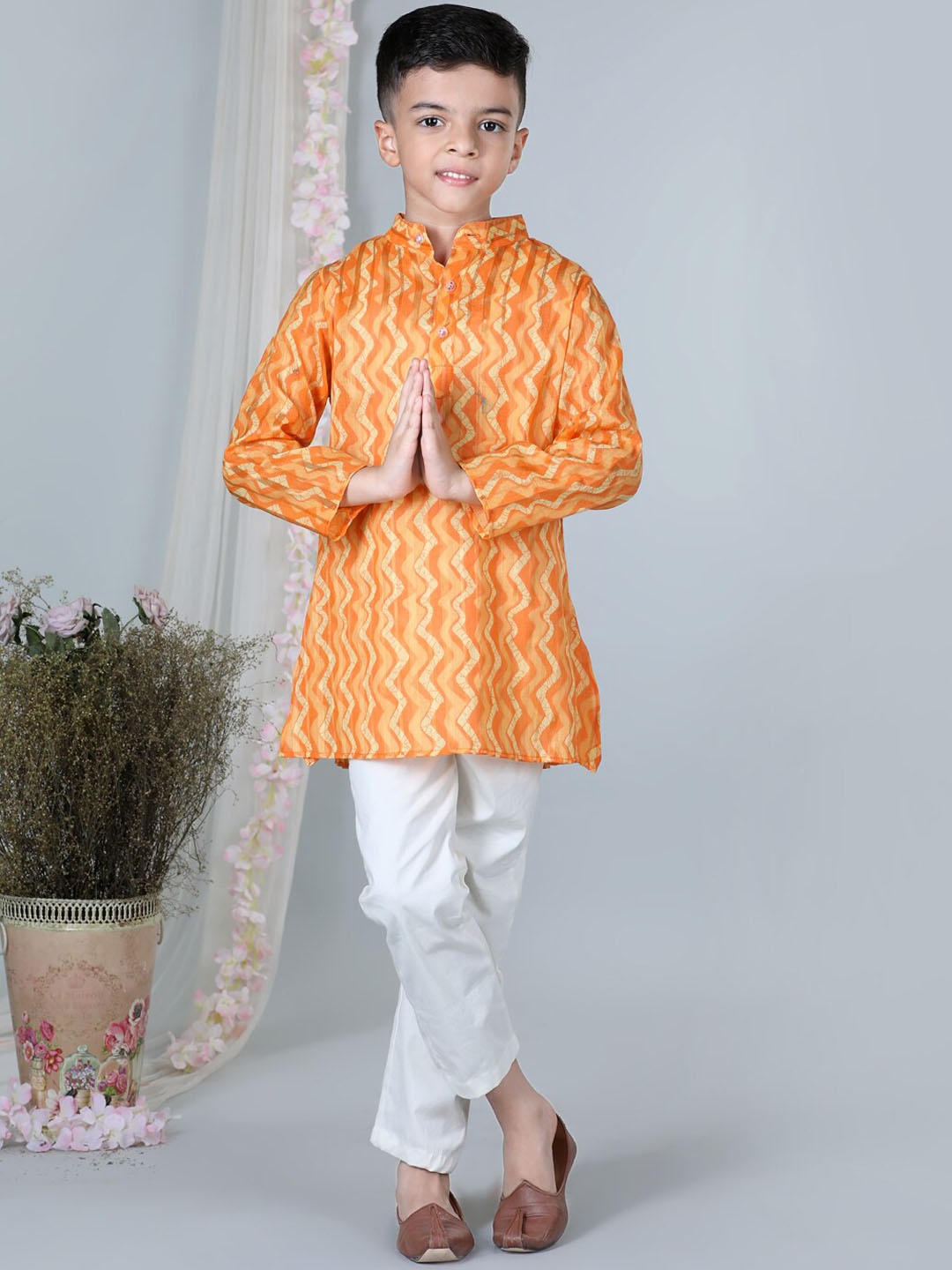 

Cutiekins Boys Chevron Printed Mandarin Collar Regular Kurta With Pyjamas, Orange