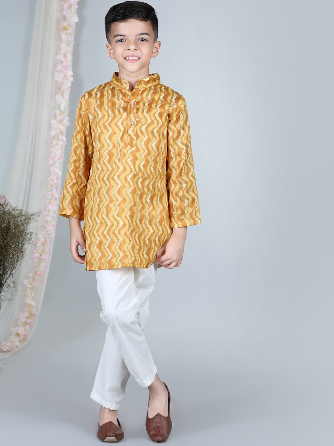 

Cutiekins Boys Chevron Printed Mandarin Collar Regular Kurta With Pyjamas, Mustard