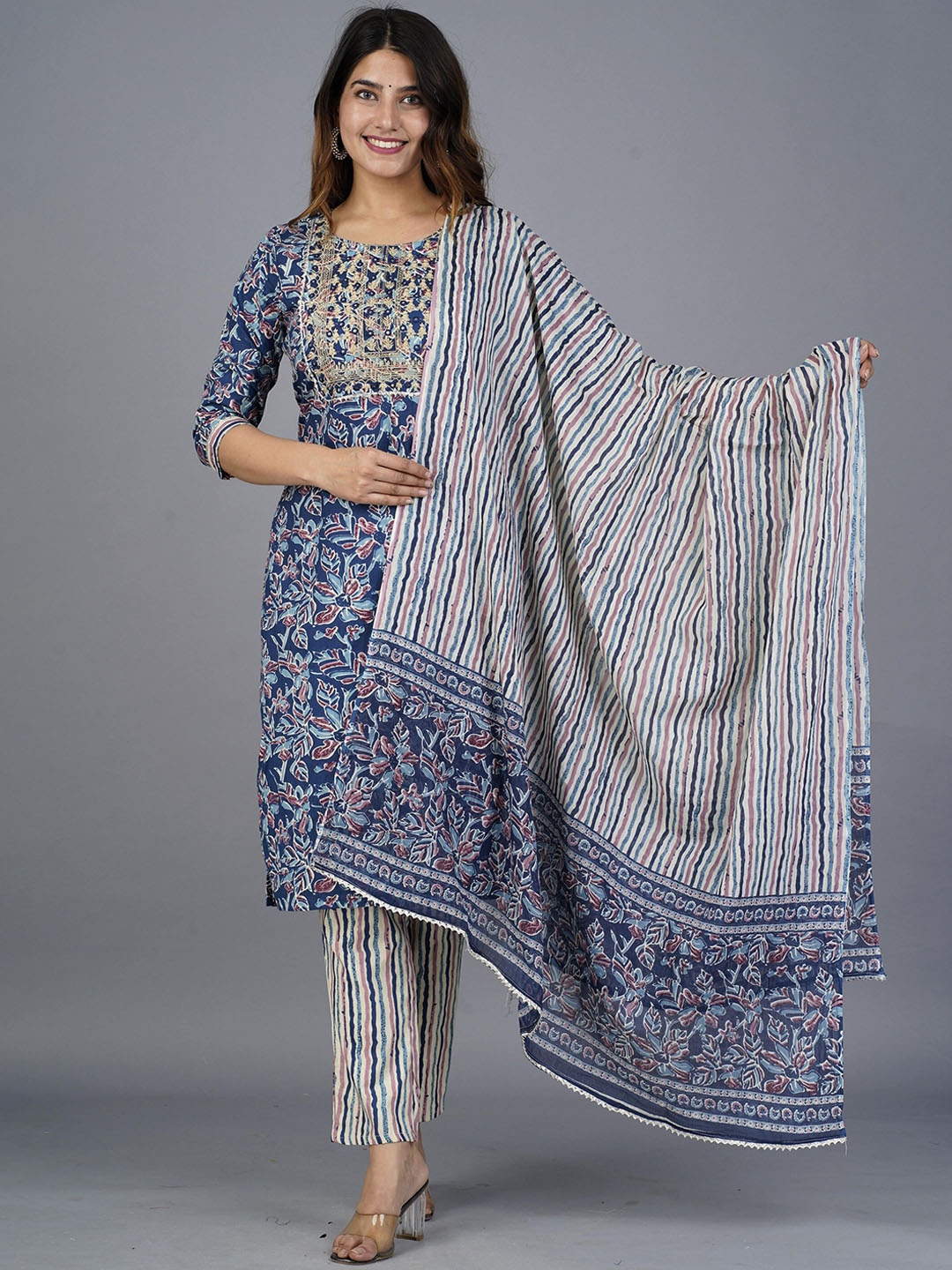 

KALINI Floral Printed Thread Work Kurta With Trousers & With Dupatta, Blue