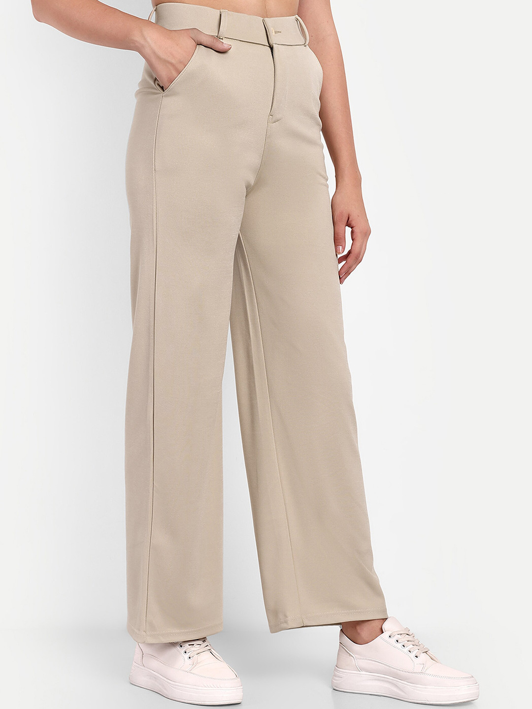 

BROADSTAR Women Smart Loose Fit High-Rise Parallel Trousers, Beige