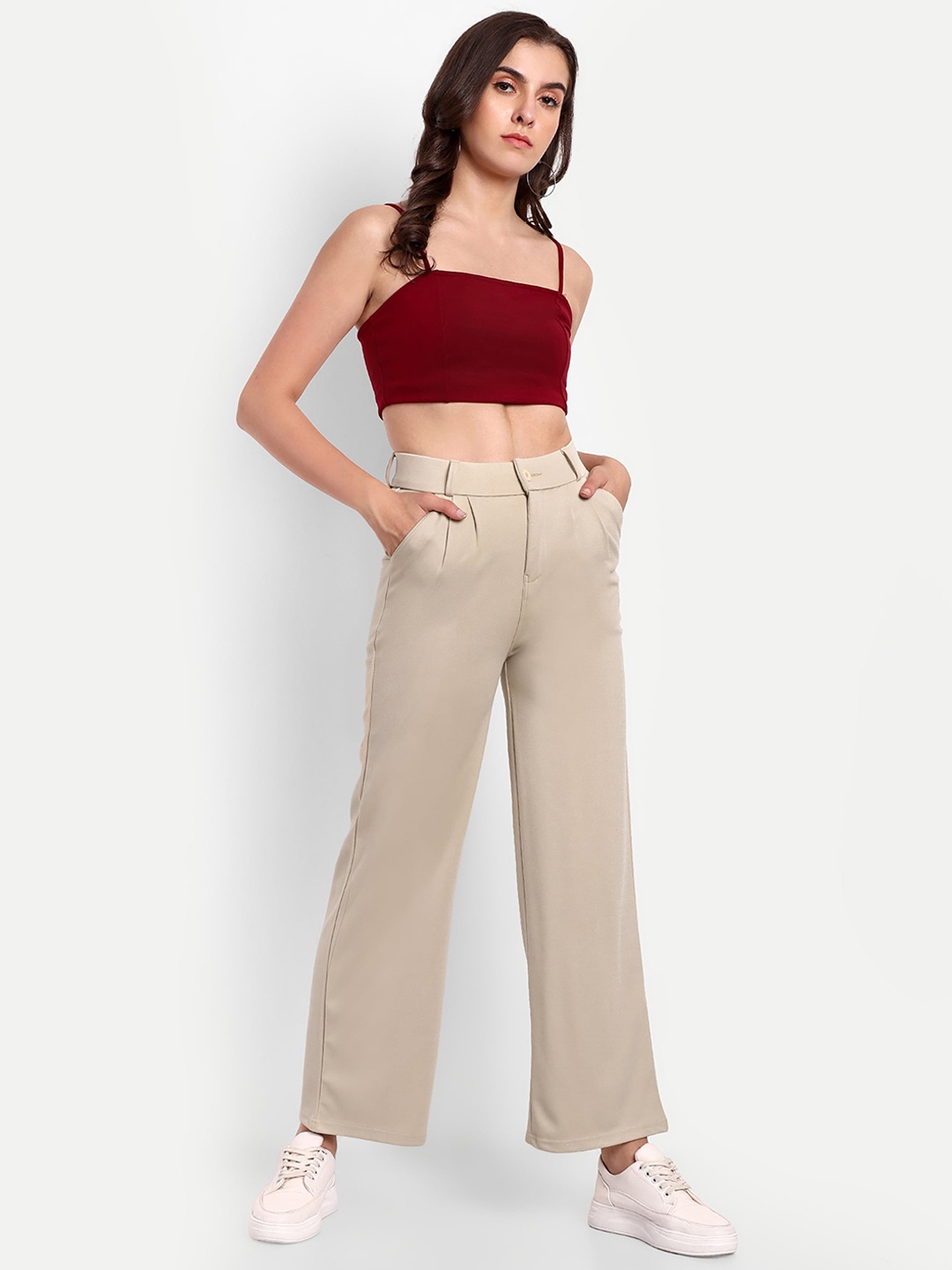 

BROADSTAR Women Smart Loose Fit High-Rise Parallel Trousers, Beige