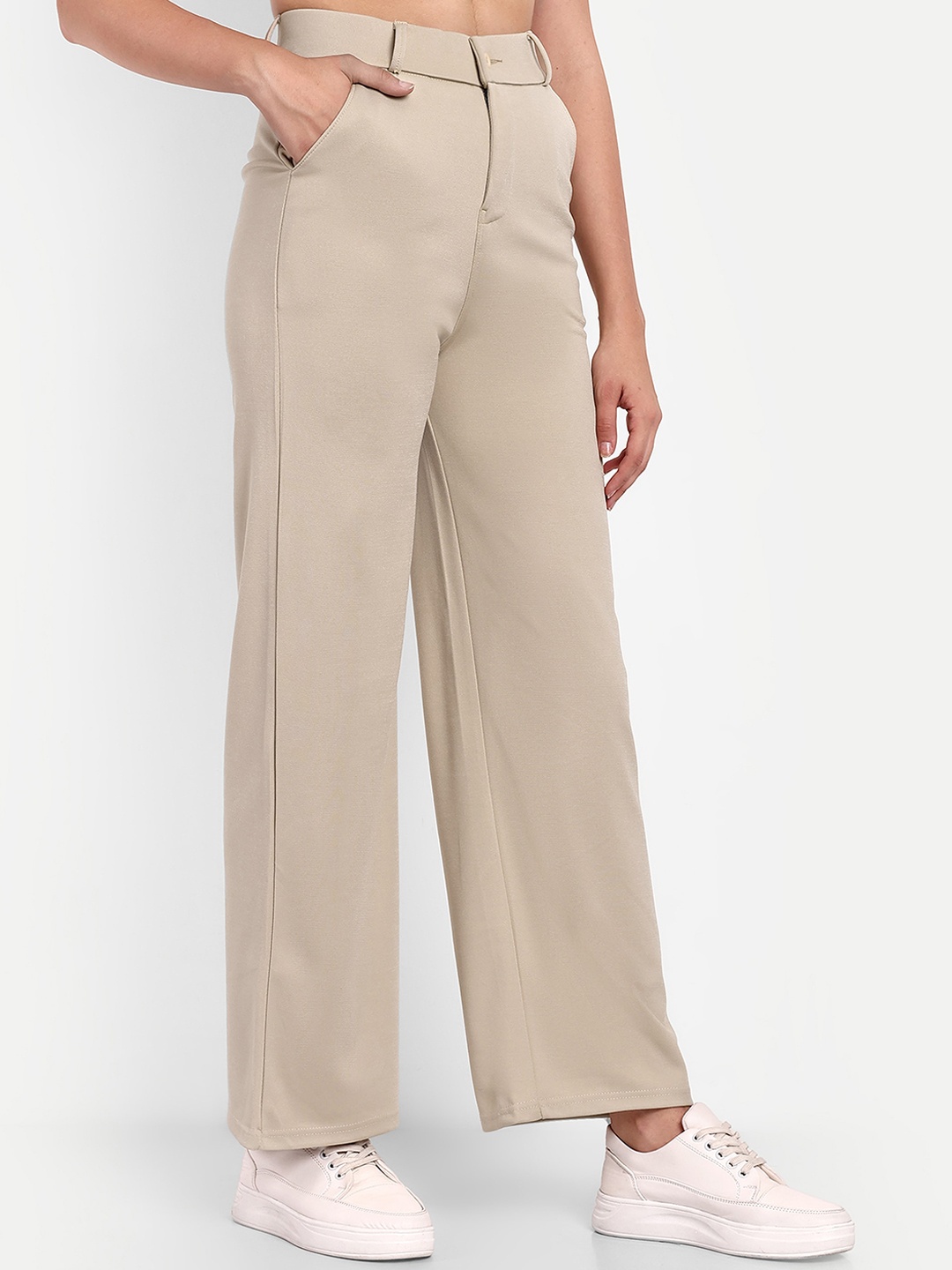 

BROADSTAR Women Smart Loose Fit High-Rise Parallel Trousers, Beige