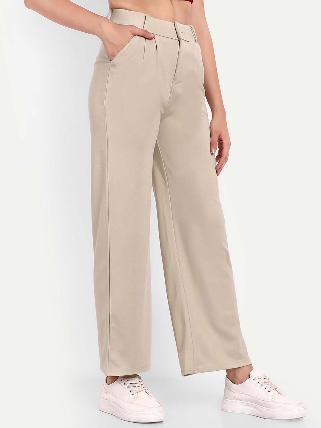 

Next One Women High-Rise Pleated Korean Trousers, Beige