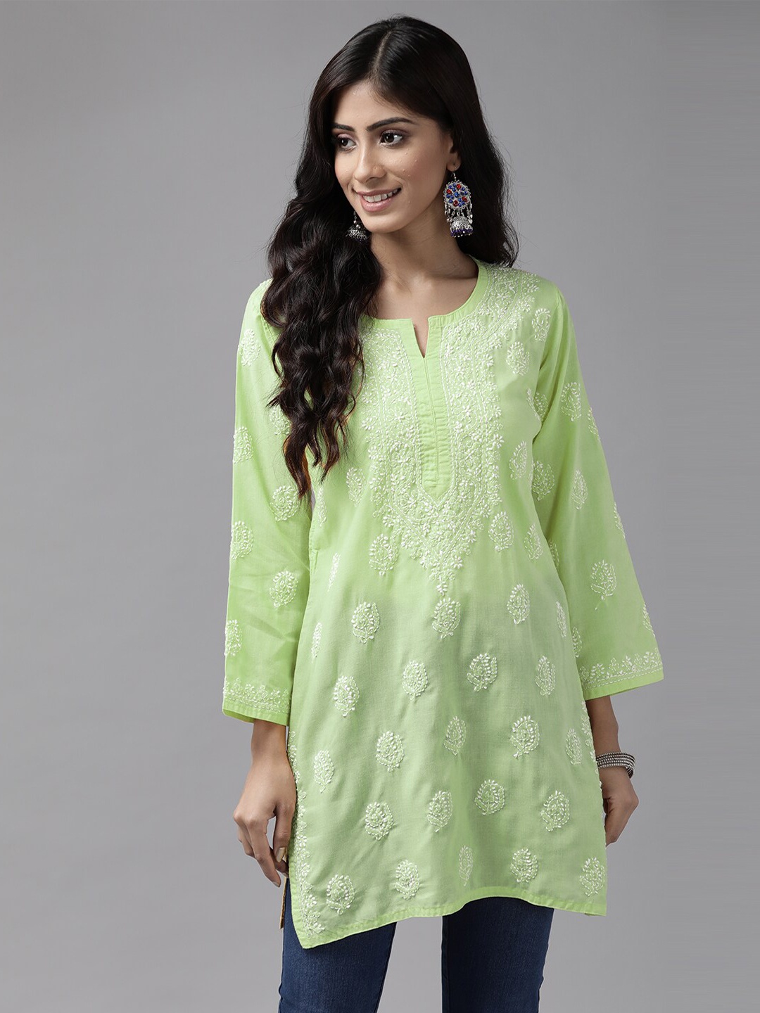 

ADA Ethnic Motifs Embroidered Pure Cotton Straight Kurti, Lime green