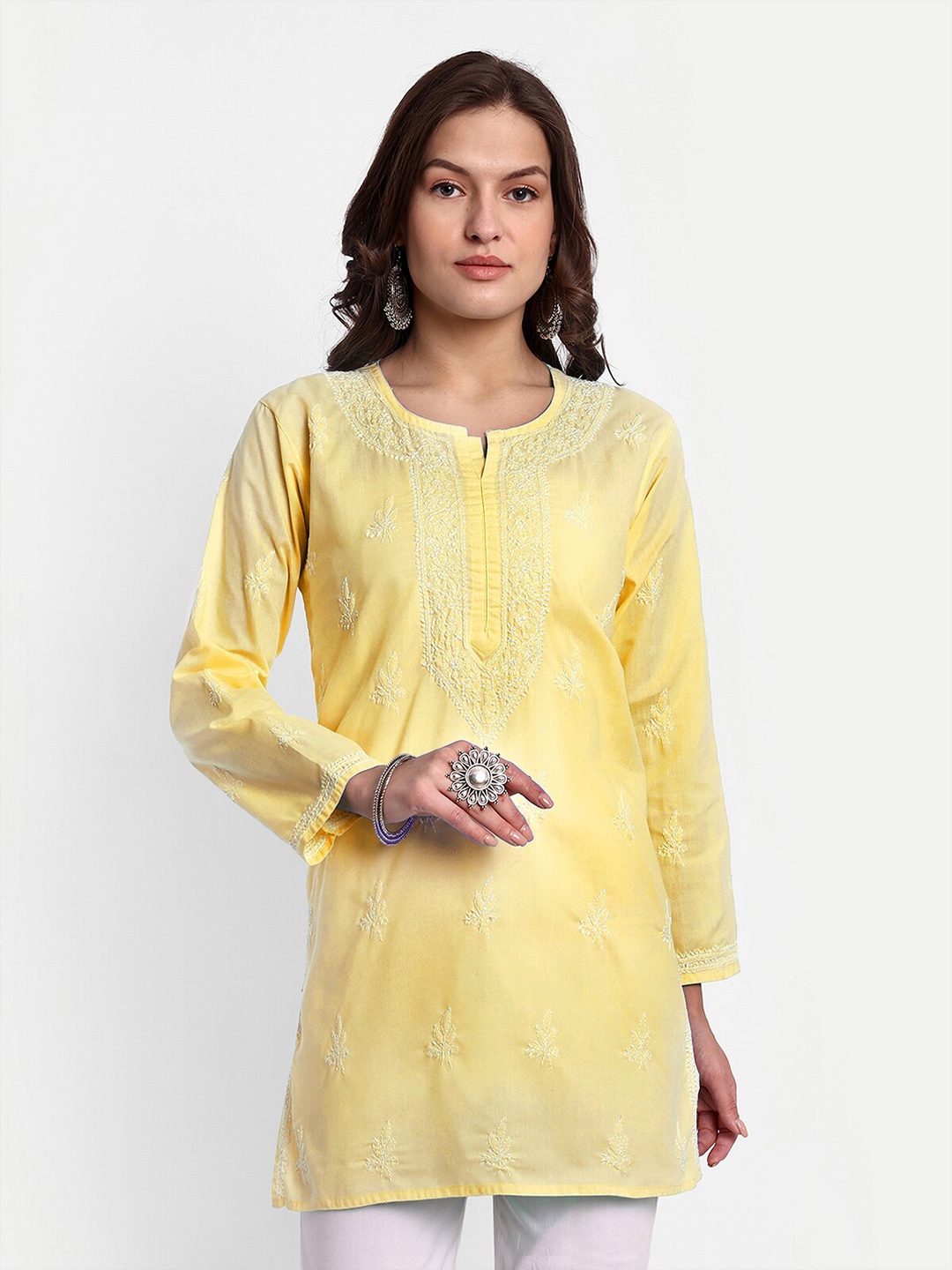 

ADA Ethnic Motifs Embroidered Chikankari Pure Cotton Kurti, Yellow